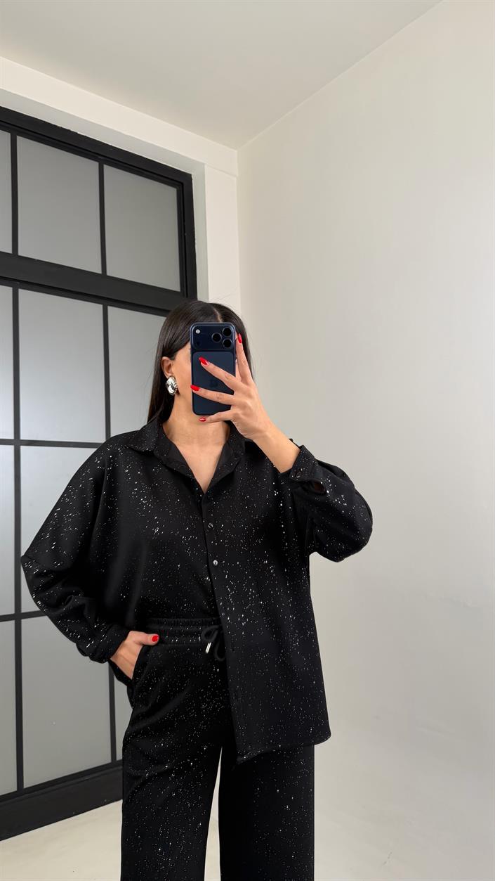 Siyah Gömlek Beli Lastikli Pantolon Premium Simli Takım GAUS-01013 GAUS-01014