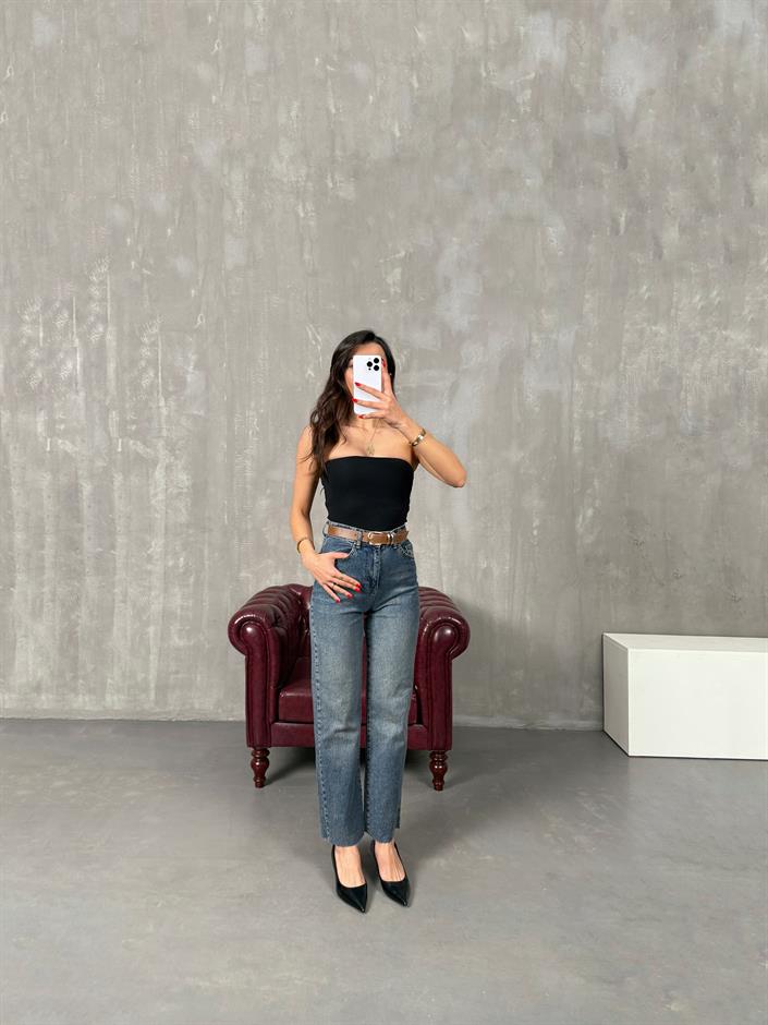 Lisa Mavi Eskitme Kesik Paça Kahve Kemerli Yüksek Bel Jean