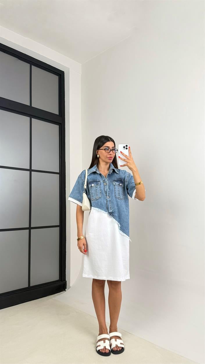Beyaz-Mavi Önü Düğmeli Denim Üst Bloklu Elbise GAUS-0038