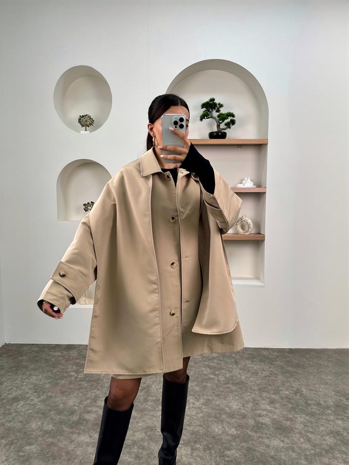 Farme Taş Şal Detaylı Astarlı Tasarım Trençkot