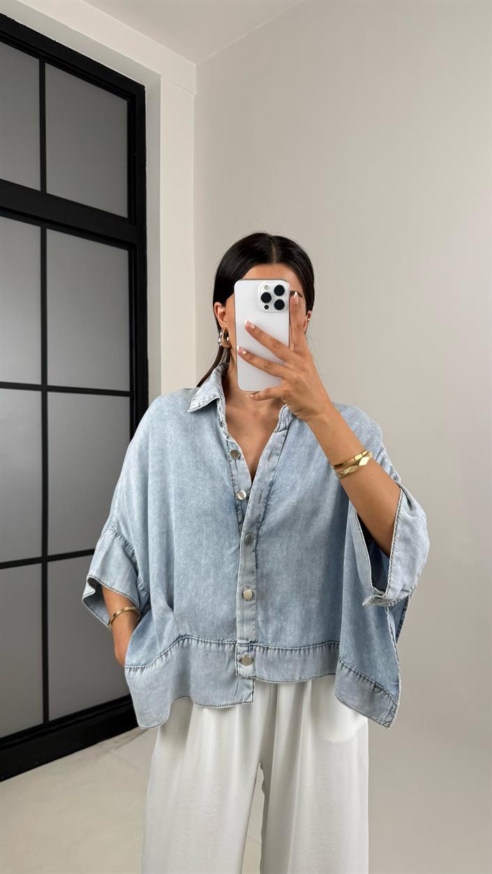 Mavi Önü Düğmeli Yarasa Kol Tensel Denim Gömlek Ceket Gaus00538