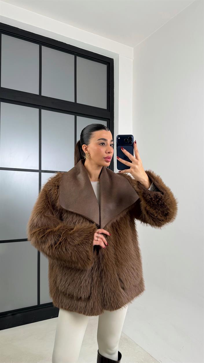 Kahve Çift Taraflı Tasarım Kürk Mont GAUS-00691