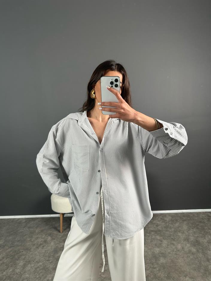 Sonho Siyah İnce Çizgili Oversize Gömlek