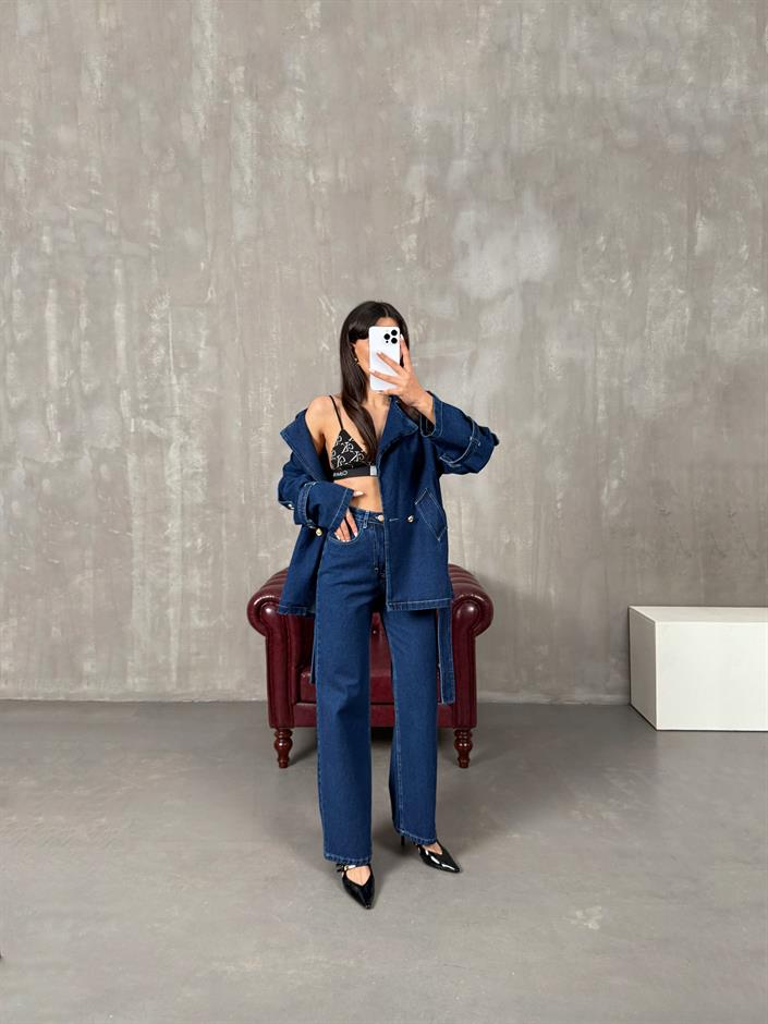 Benji Koyu Mavi Düğme Detaylı Kuşaklı Tasarım Denim Takım 