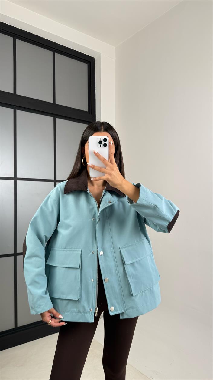 Turkuaz Kadife Yakalı Cep Detaylı Astarlı Ceket GAUS-00501