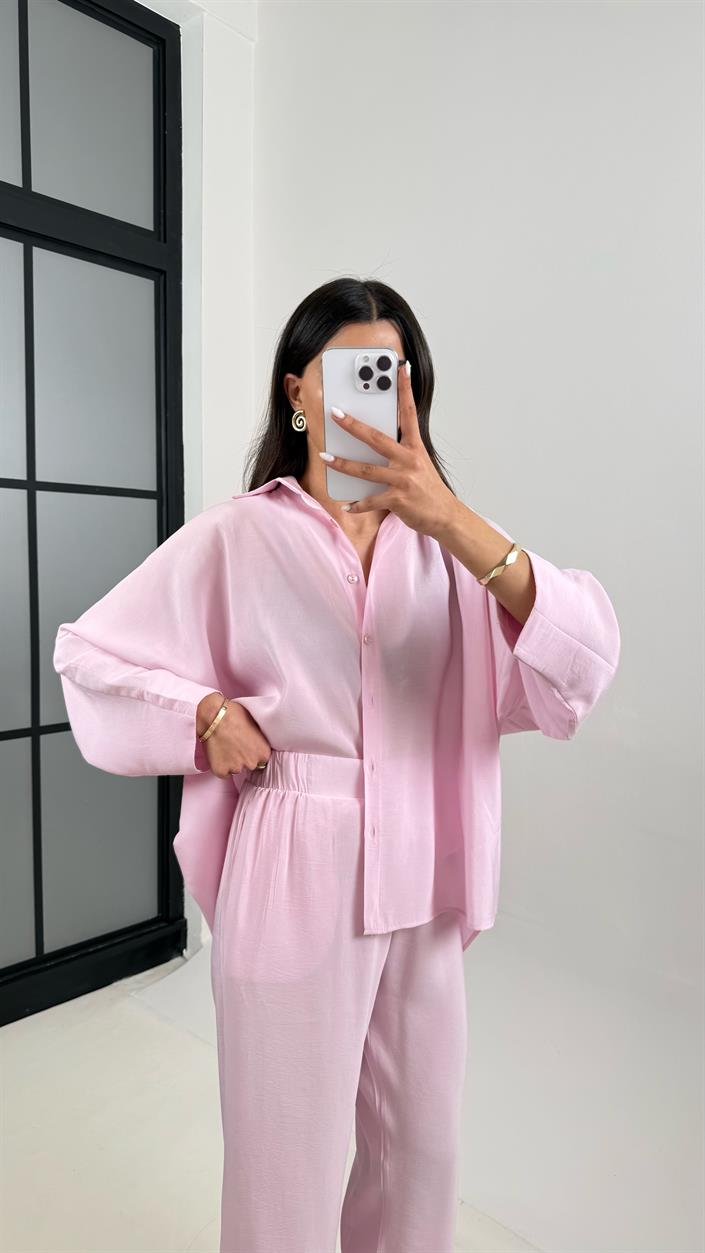 Pembe Önü Düğmeli Gömlek Beli Lastikli Cepli Pantolon MD Muadil Tencel Takım TNCL01 Gaus00390