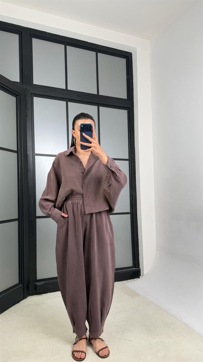Kahve MD Muadil Gömlek Beli Lastikli Şalvar Pantolon Tencel Takım GAUS-01500