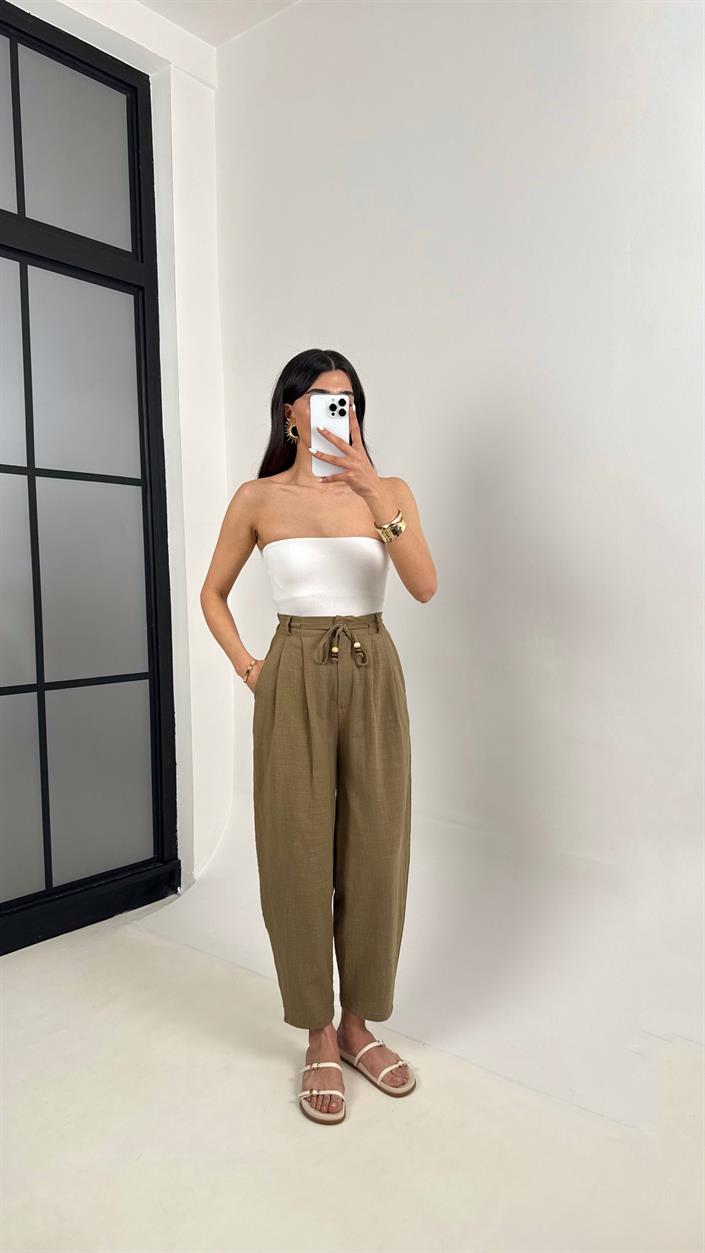 Haki Cepli Kuşaklı Balon Keten Pantolon Gaus00383