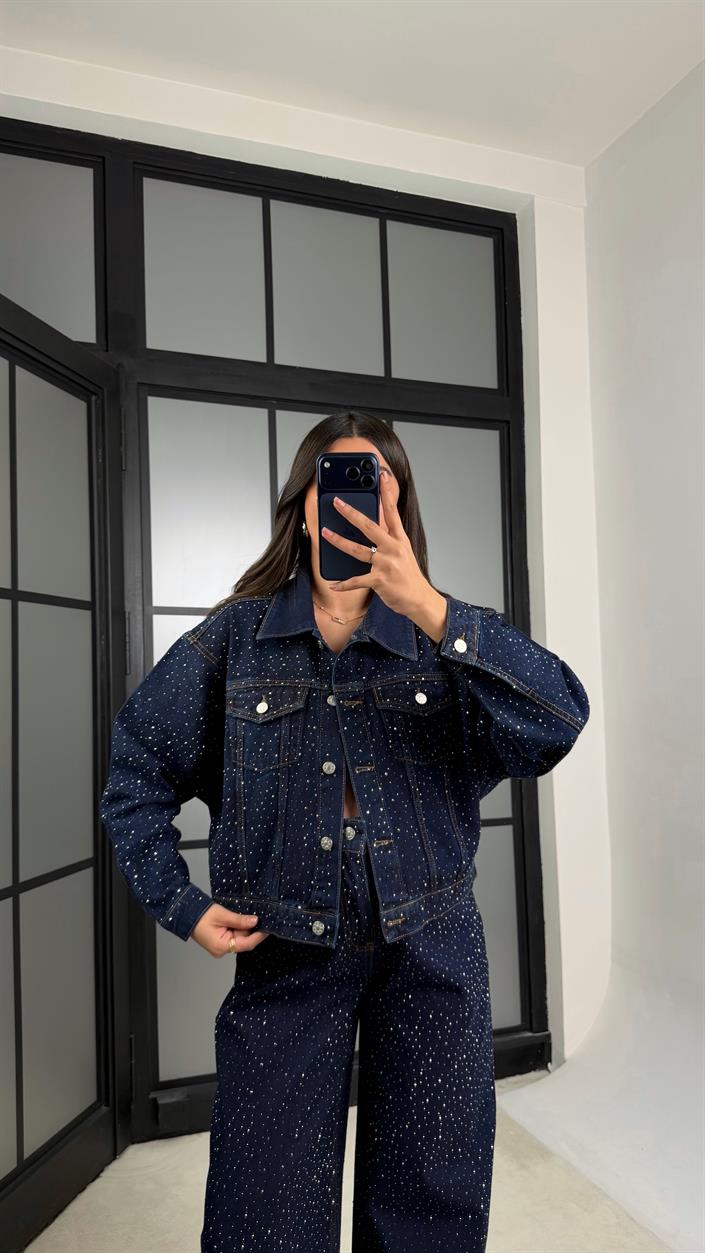 Lacivert Premium Taşlı Denim İkili Takım GAUS-01191