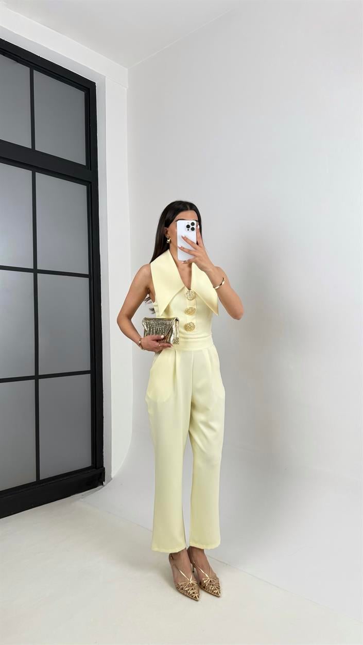 Sarı Yaka Detaylı Gold Düğmeli Cepli Tasarım Tulum Gaus00452