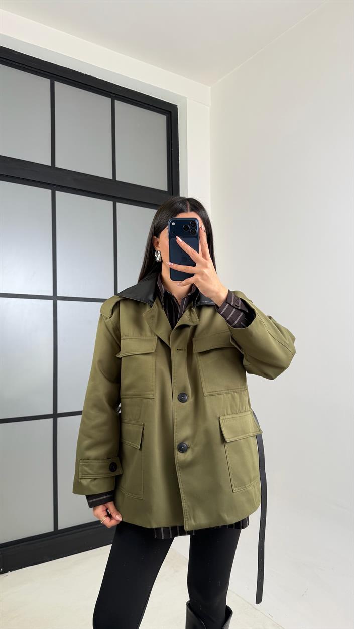 Yeşil Deri Yakalı Kemerli Astarlı Premium Ceket GAUS-00843