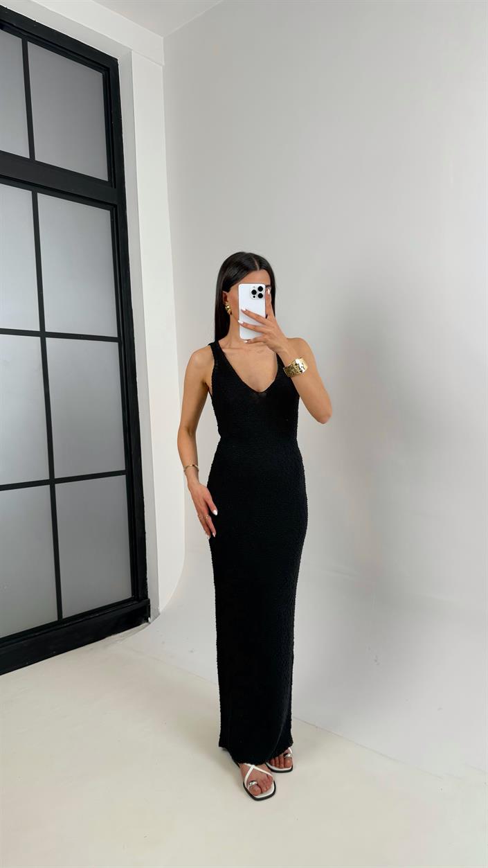 Siyah V Yaka Askılı Triko Elbise Gaus00412