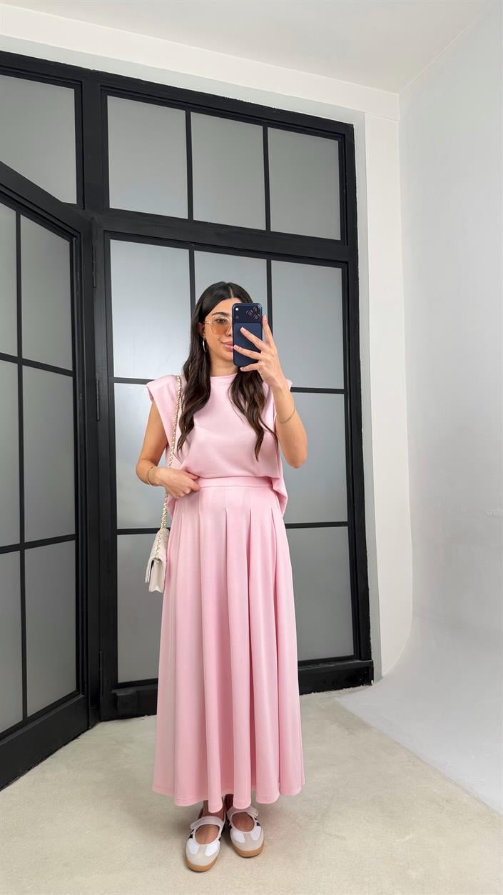 Pembe Vatkalı Bluz Cepli Etek İkili Modal Takım GAUS-01311