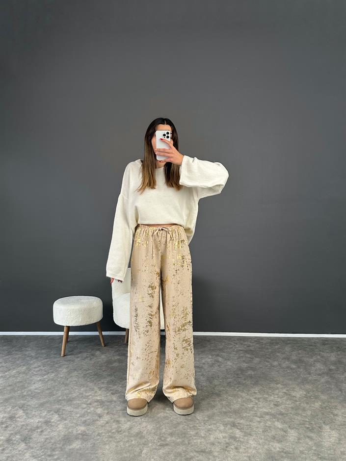 Bej Varak Baskılı İp Bağlamalı Pantolon