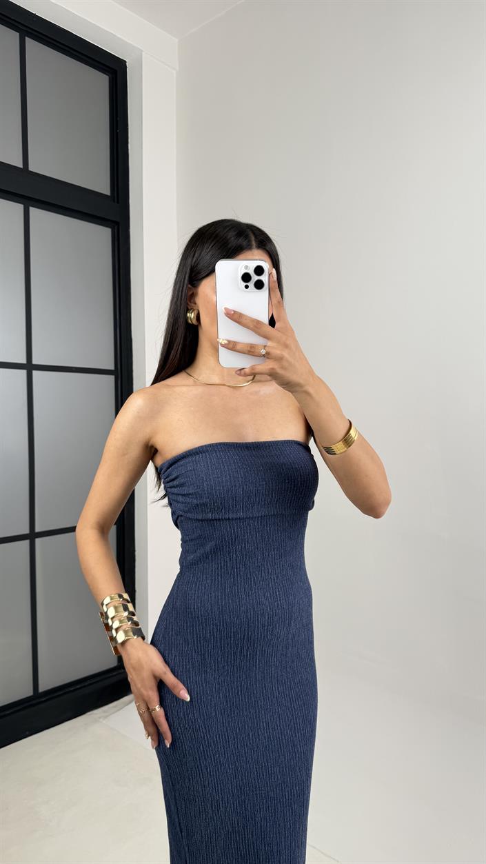 Mavi Straplez Yırtmaçlı Bürümcük Elbise Gaus00645