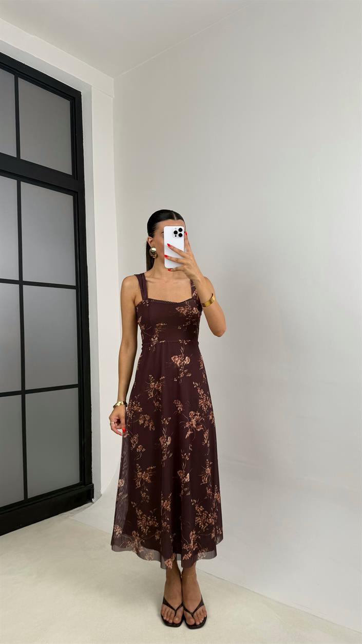 Kahve Askılı Dantel Detaylı Çiçek Desenli Astarlı Elbise GAUS-0046