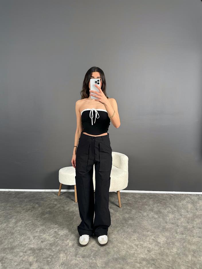 ZR Model Siyah Fermuarlı Paraşüt Pantolon 