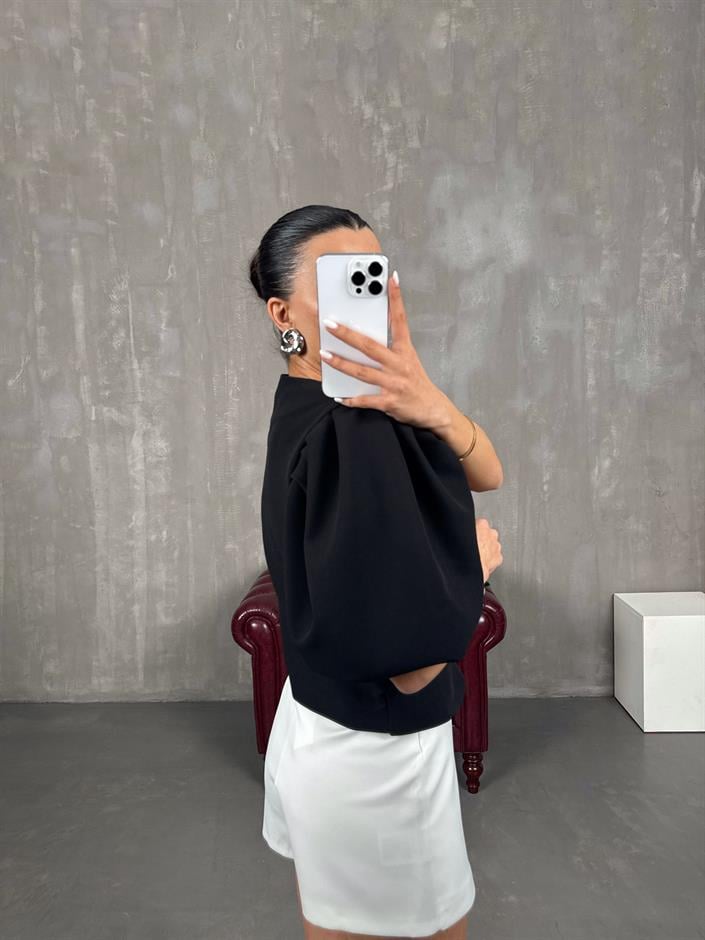 Siyah Balon Kol Fiyonk Bağlamalı Bluz Gaus00029