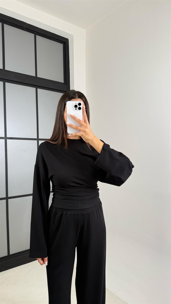 Siyah Yarasa Kol Bluz Beli Lastikli Pantolon Tasarım Modal Takım GAUS-00572