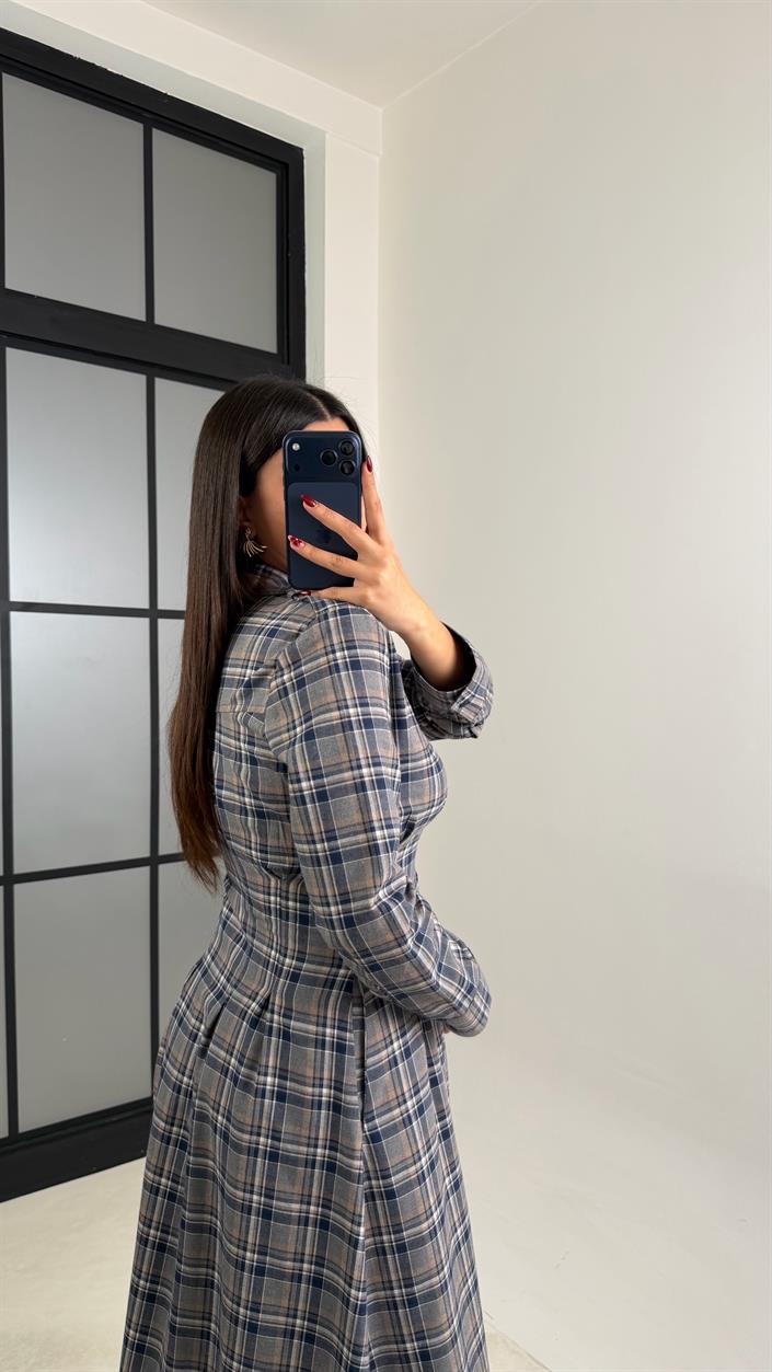 Lacivert Belden Oturtmalı Ekose Elbise GAUS-00762