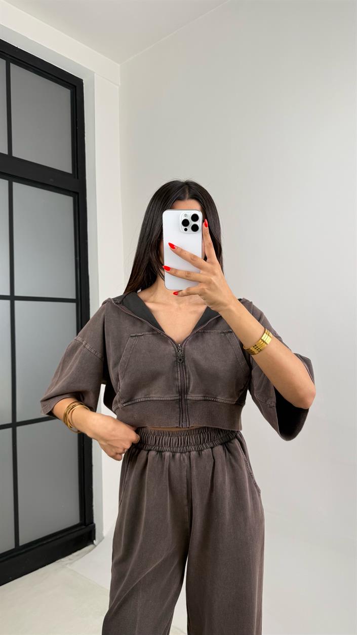 Kahve Yıkama Desenli Kapüşonlu Crop Hırka Beli Lastikli Pantolon İkili Premium Takım GAUS-0063