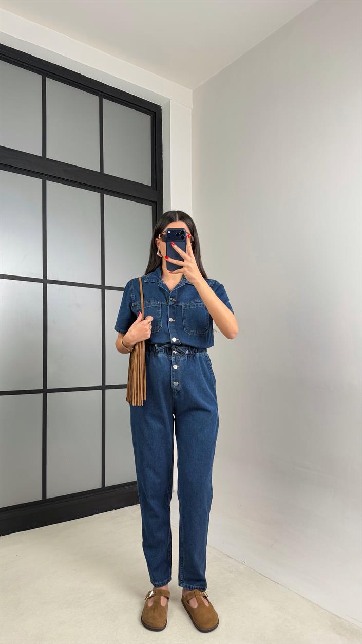 Mavi Beli Lastikli Düğme Detaylı Denim Tulum gaus-01208