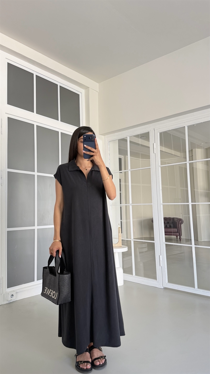 Siyah OYS Model Polo Yaka Basic Elbise GAUS-01728