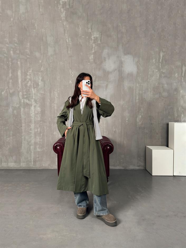 Sindy ZR Haki Muadil Premium Astarsız Kuşaklı Trençkot