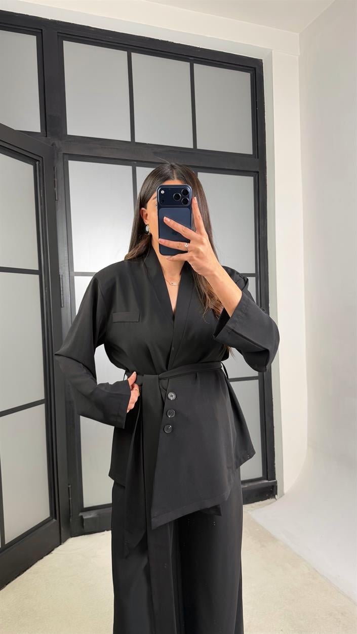 Siyah Vatkalı Düğme Detaylı Belden Kuşaklı Ceket Beli Lastikli Pantolon Tencel Takım GAUS-01195
