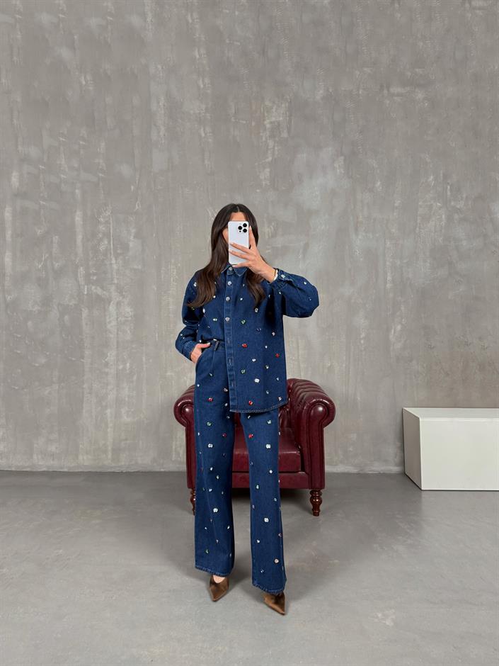 Pares Lacivert Taşlı Tasarım Denim Takım