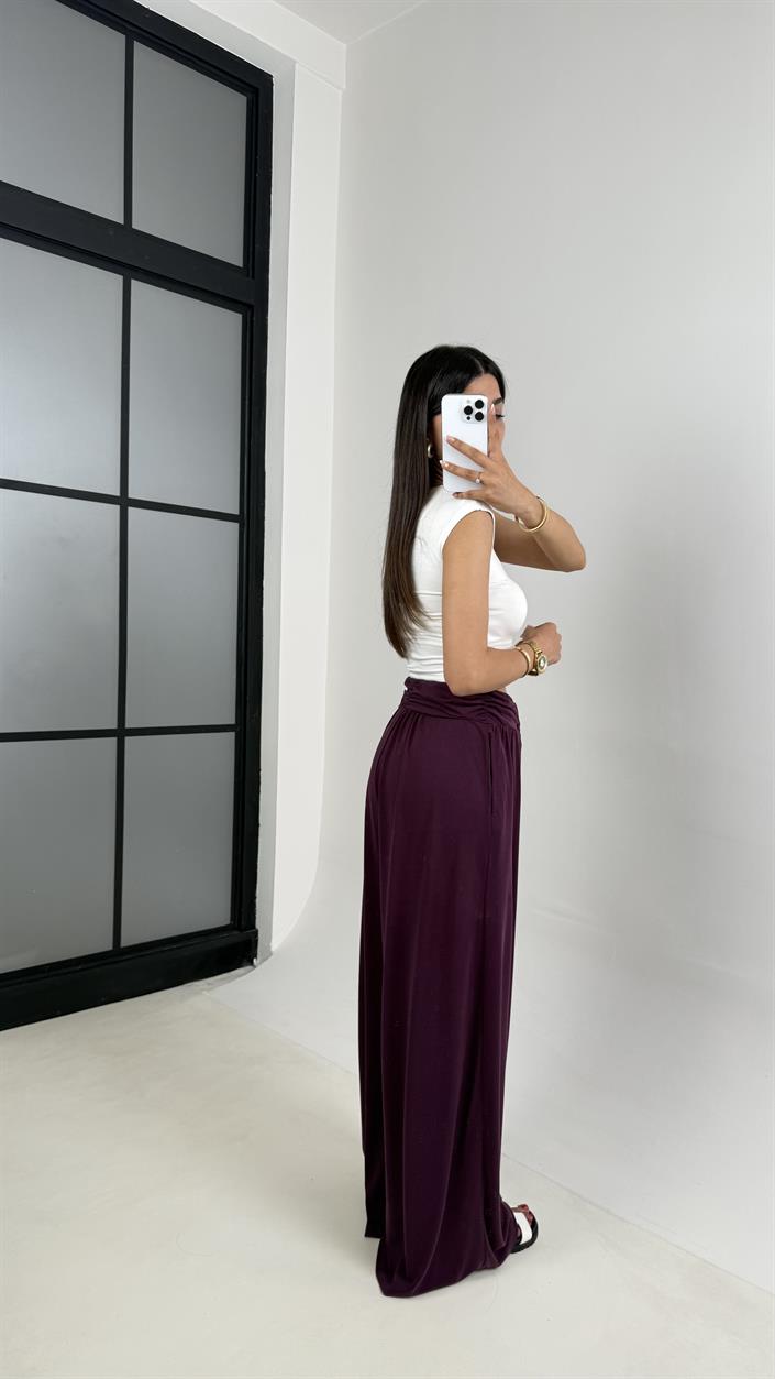 Mürdüm  Beli Çapraz Lastikli Bol Paça Oys Muadil Pantolon Gaus00607