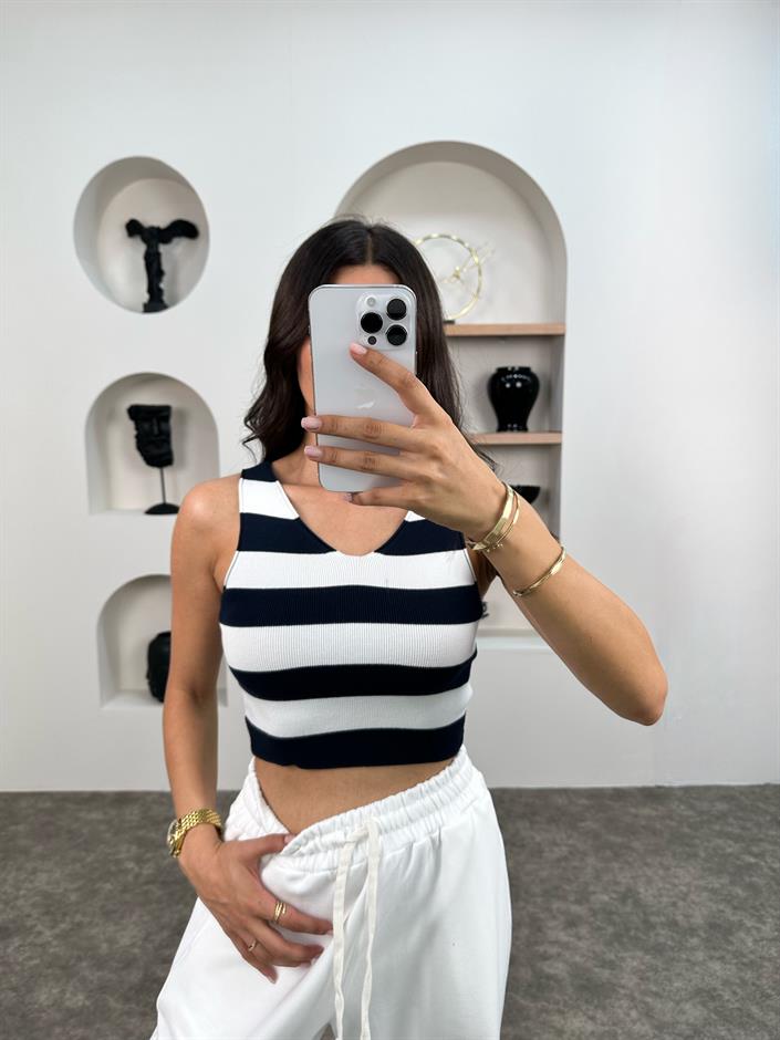 Lacivert Çizgili V Yaka Sıfır Kol Triko Crop