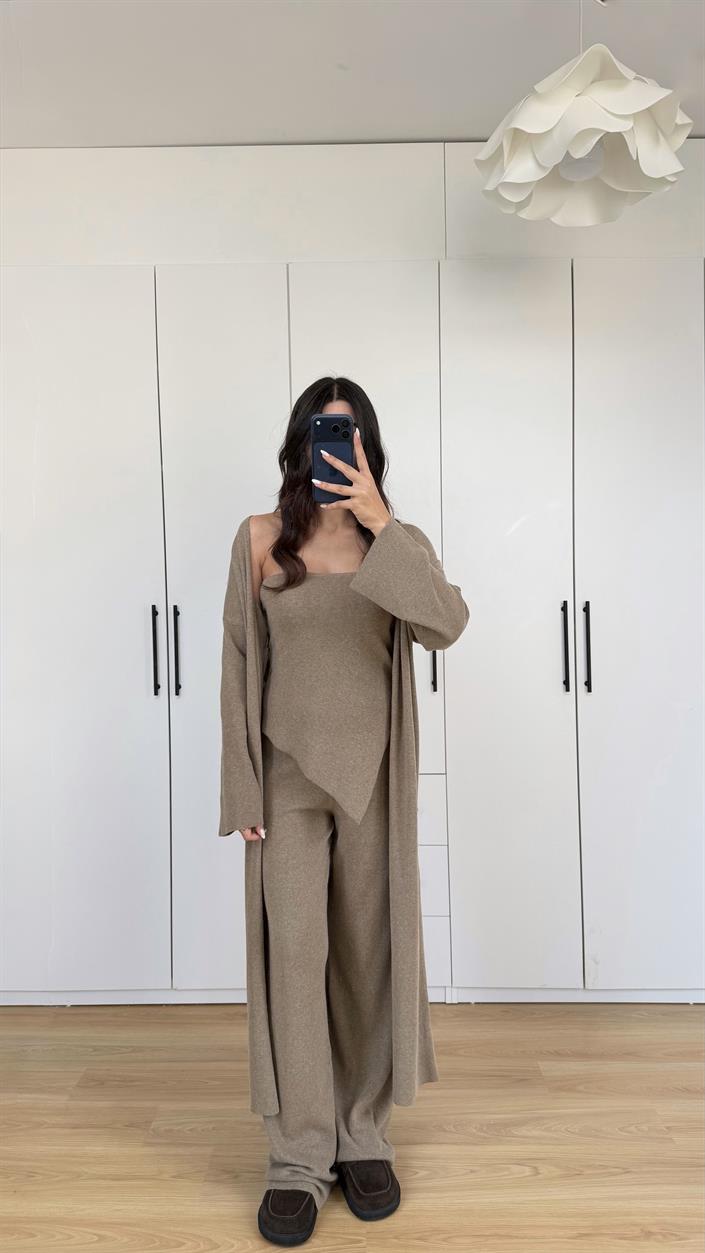 Vizon Asimetrik Crop Hırka Beli Lastikli Pantolon 3lü Triko Takım GAUS-00588