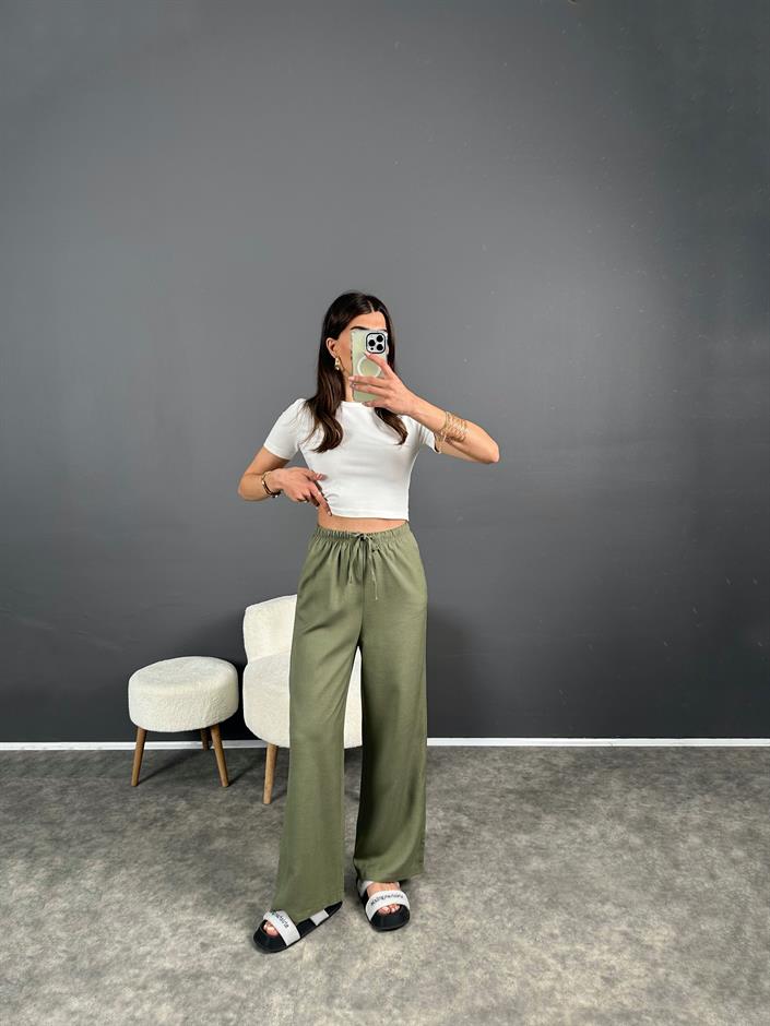 Nia Haki Keten Beli Lastikli Pantolon