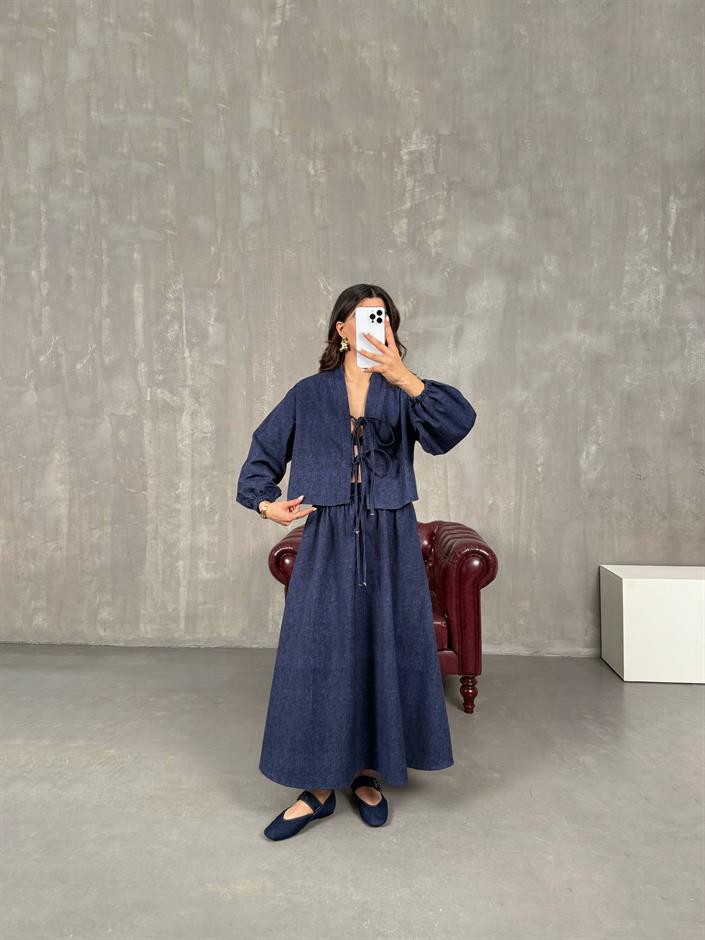 Selene Lacivert Bağlamalı Üst Etek Denim Takım