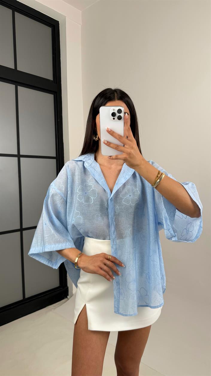 Mavi Çiçek Desenli Tencel Gömlek Gaus00544