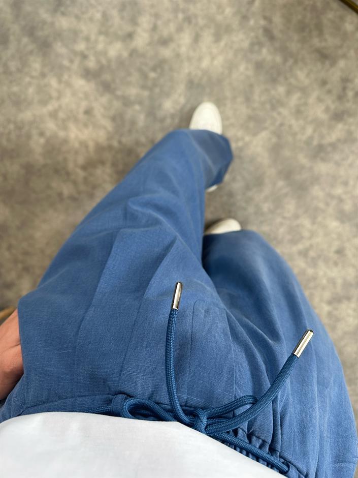 Lul İndigo Mavi Beli Lastikli İp Kemerli Tensel Pantolon 