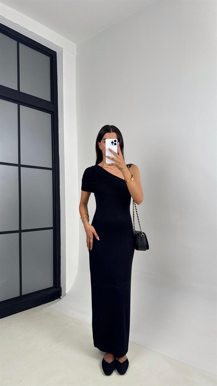 Siyah Tek Omuz Maxi Boy Elbise Gaus00685