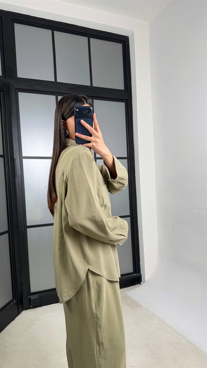 Yeşil Vatkalı Gömlek Kemerli Pantolon İkili Tencel Takım GAUS-01319