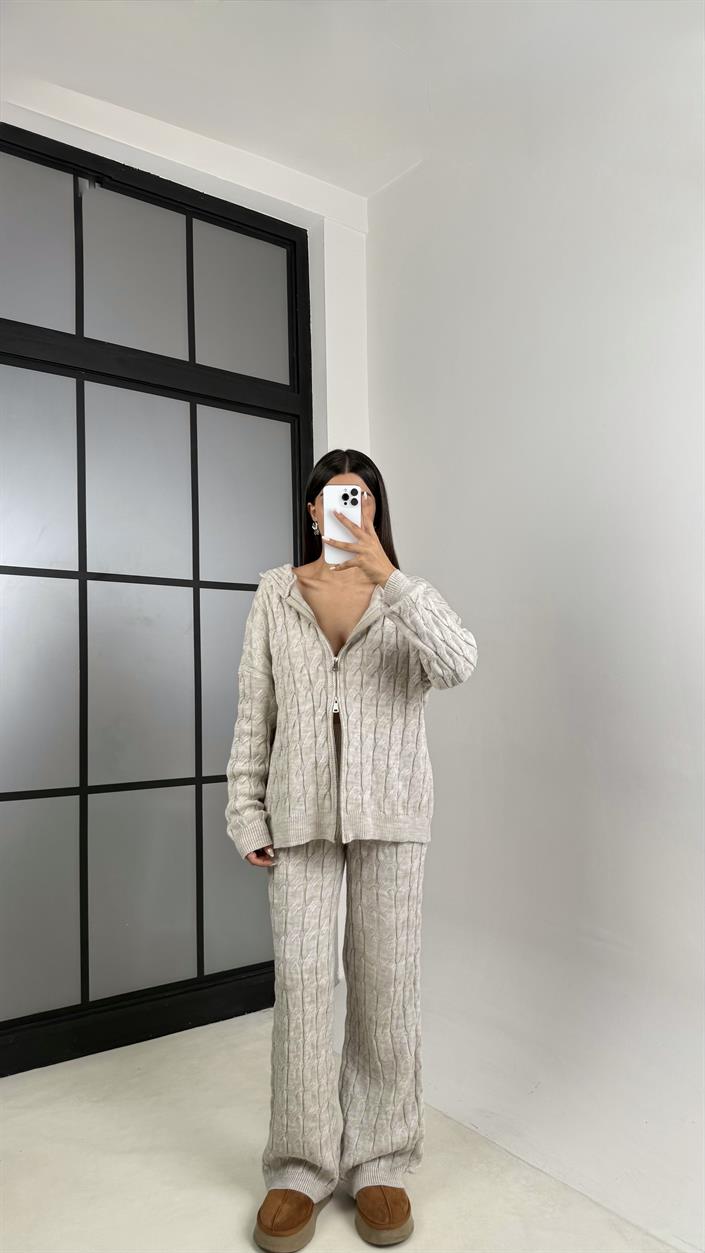 Taş Saç Örgülü Kapüşonlu Hırka Pantolon Triko Takım GAUS-00514
