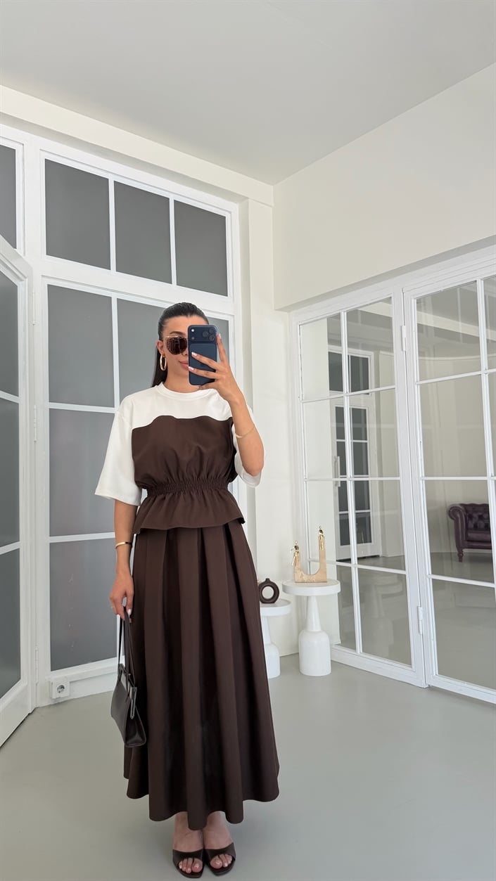 Kahve TWST Model Beli Lastikli Bluz Etek İkili Takım GAUS-01768
