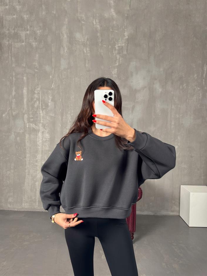 Tedy Füme Ayıcık İşlemeli Şardonlu Sweat 