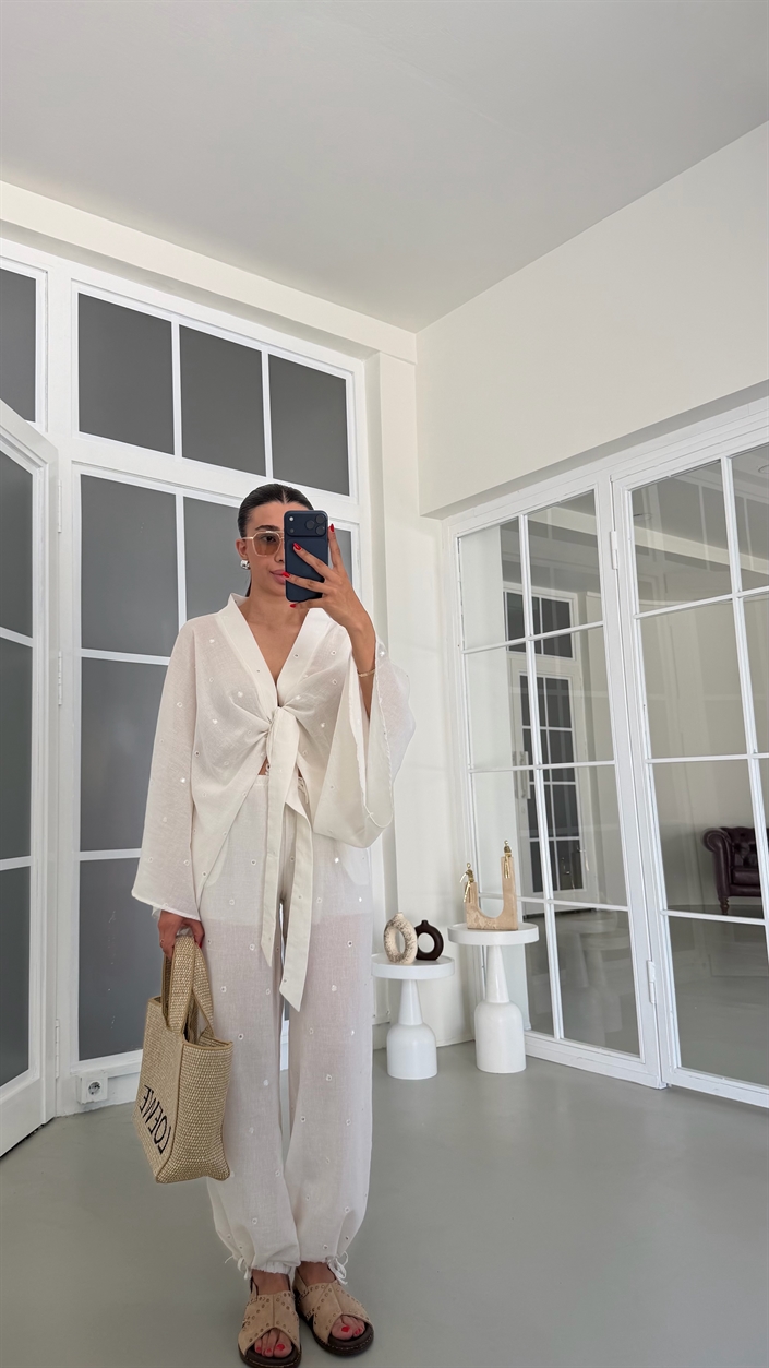 Ekru Pul Detaylı Kimono Beli Lastikli Şalvar Pantolon İkili Premium Takım GAUS-01857