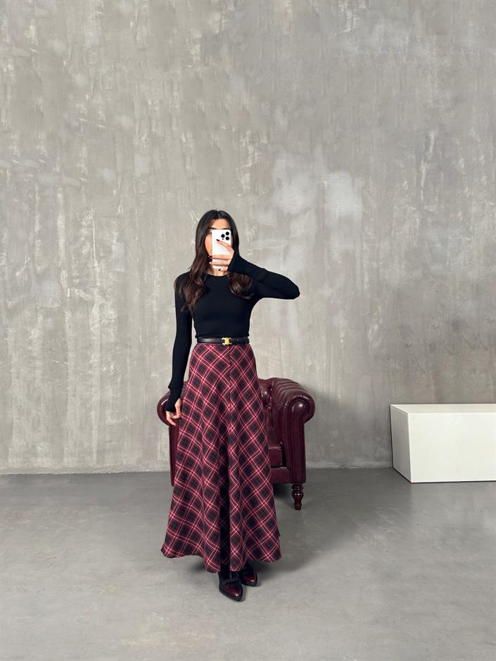 Gven Bordo Ekoseli Vintage Etek