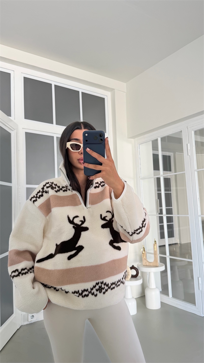 Kahve Geyik Desenli Yarım Fermuarlı Polar Sweatshirt GAUS-01916 GAUS-01927