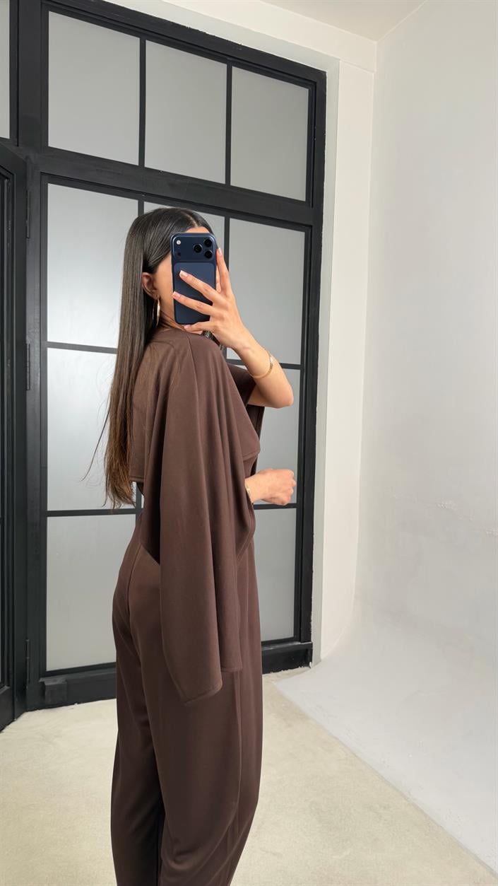 Acı Kahve Pelerin Detaylı Bluz Beli Lastikli Pantolon İkili Tasarım Modal Takım GAUS-01499
