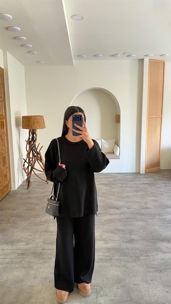 Siyah Kazak Beli Lastikli Pantolon İkili Triko Takım GAUS-00811