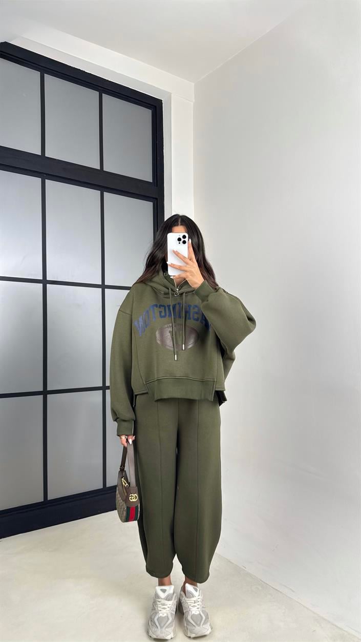 Haki Kapüşonlu Sweatshirt Beli Lastikli Pantolon 3 İplik Şardonlu Takım GAUS-00530