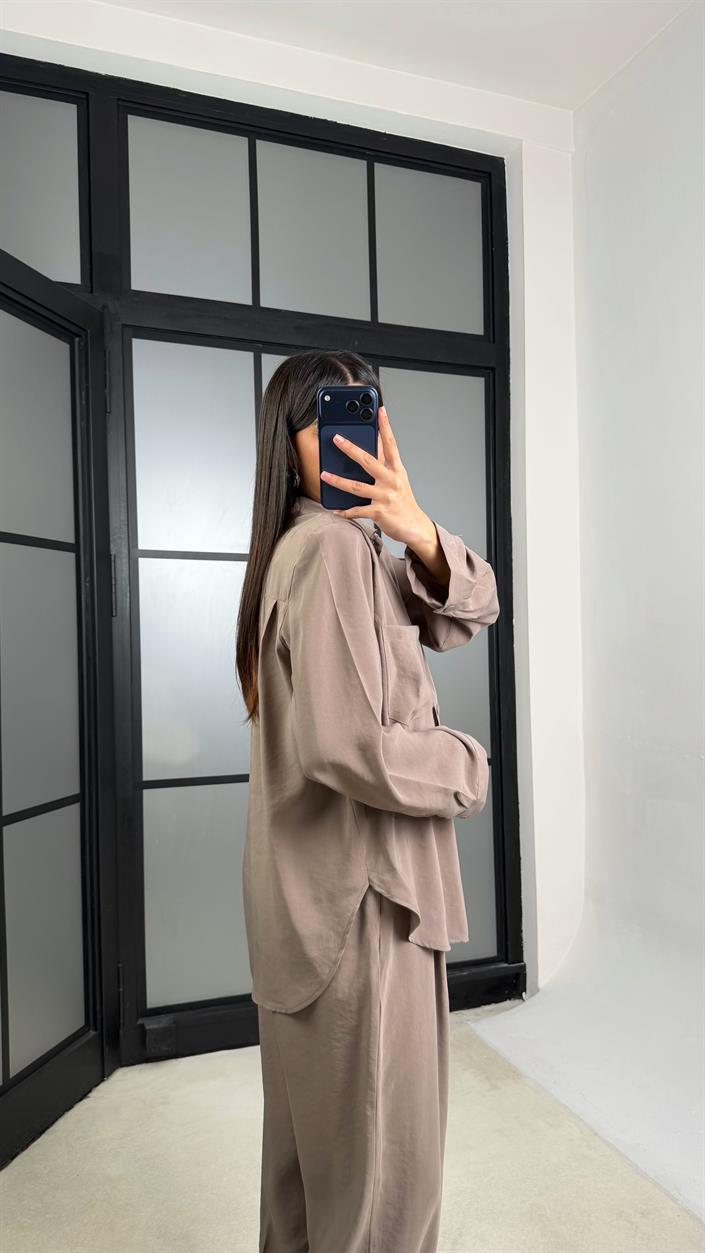 Vizon Vatkalı Gömlek Kemerli Pantolon İkili Tencel Takım GAUS-01319