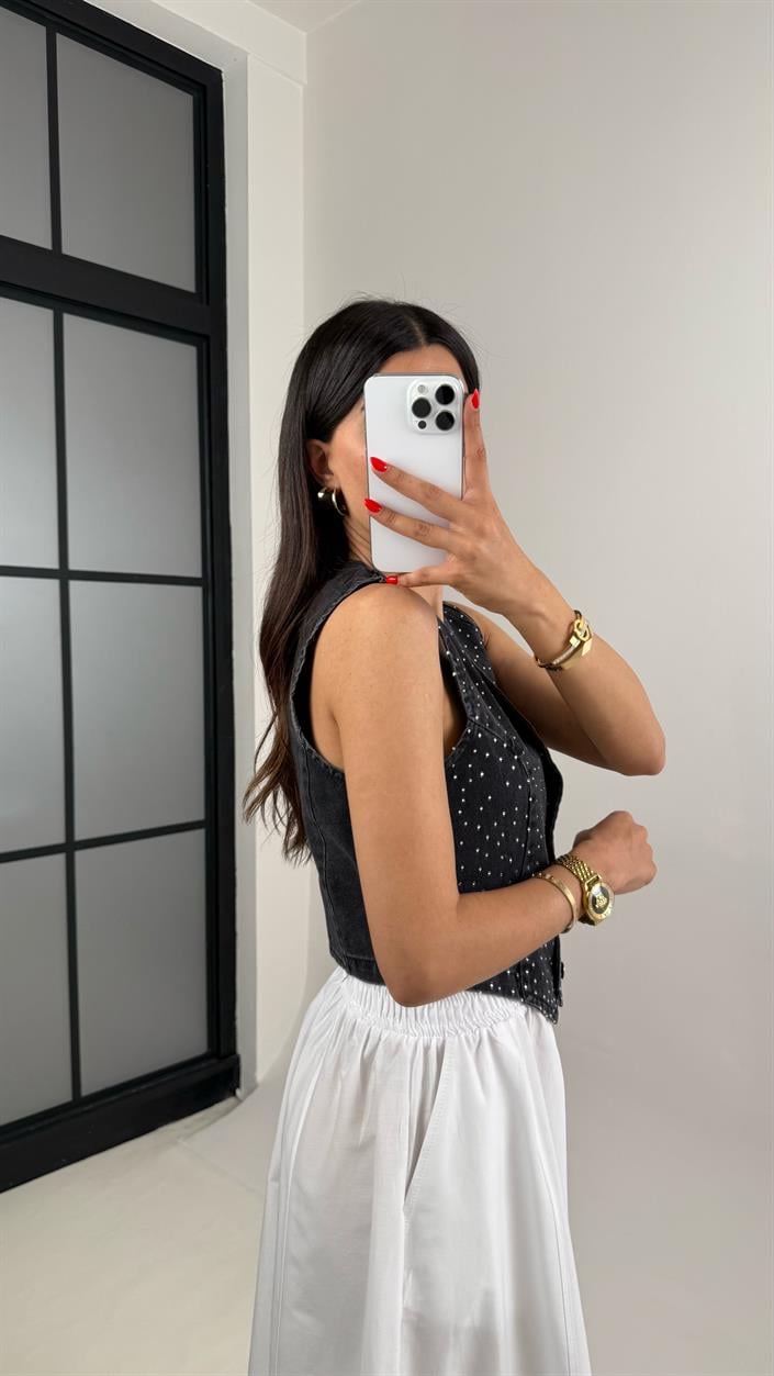 Antrasit Taşlı Tasarım Denim Yelek Gaus00486